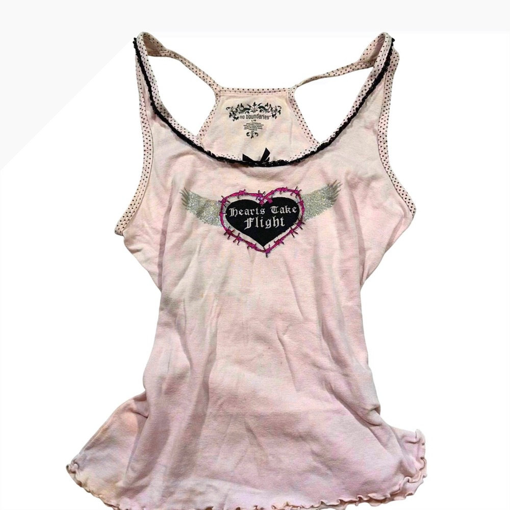 Grunge NoBo Y2K Hearts Take Flight Winged Graphic Tank Top Pink Lace Trim L